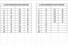 11 ve 12.Sınıf Matematik Taraması Cevap Anahtarları.